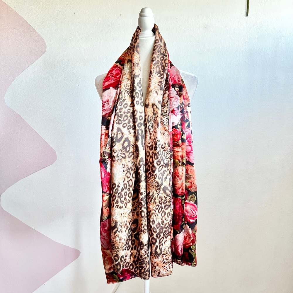 Leopard Print 100% Silk Scarf Vintage Inspired Y2K 2000s Glam 70" x 27 1/2"‎